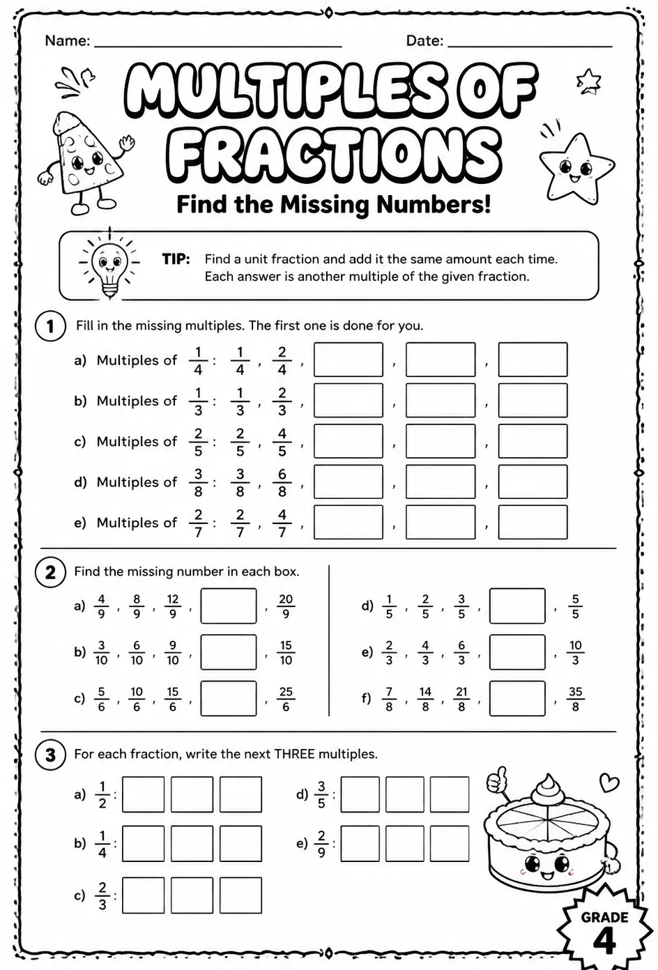 Multiples of fractions: find the missing numbers — free printable Grade 4 math worksheet