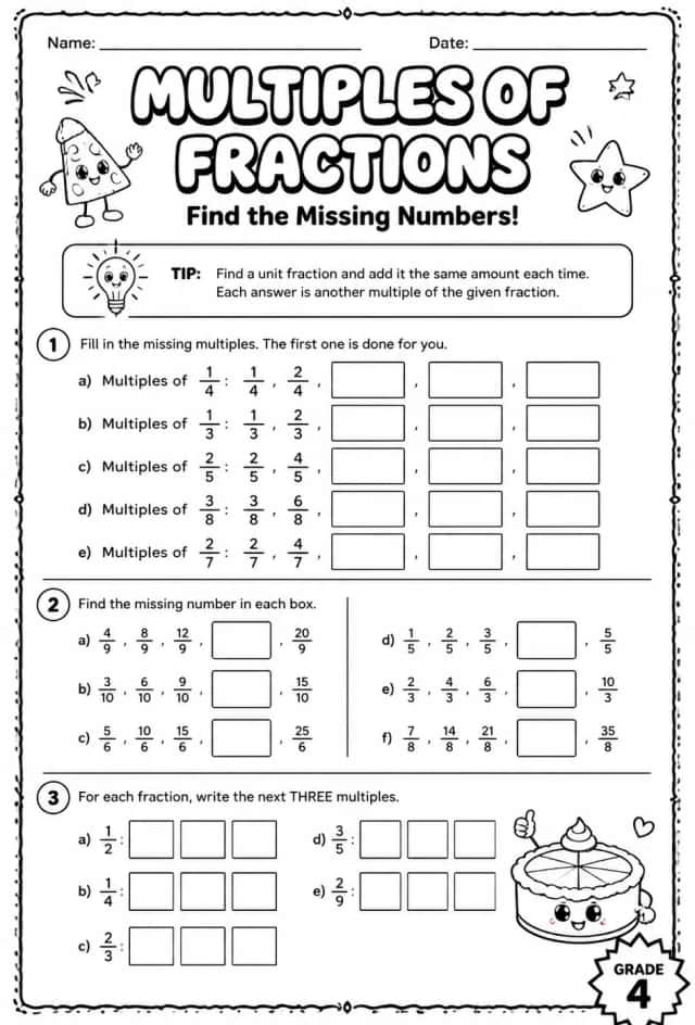 Multiples of fractions: find the missing numbers