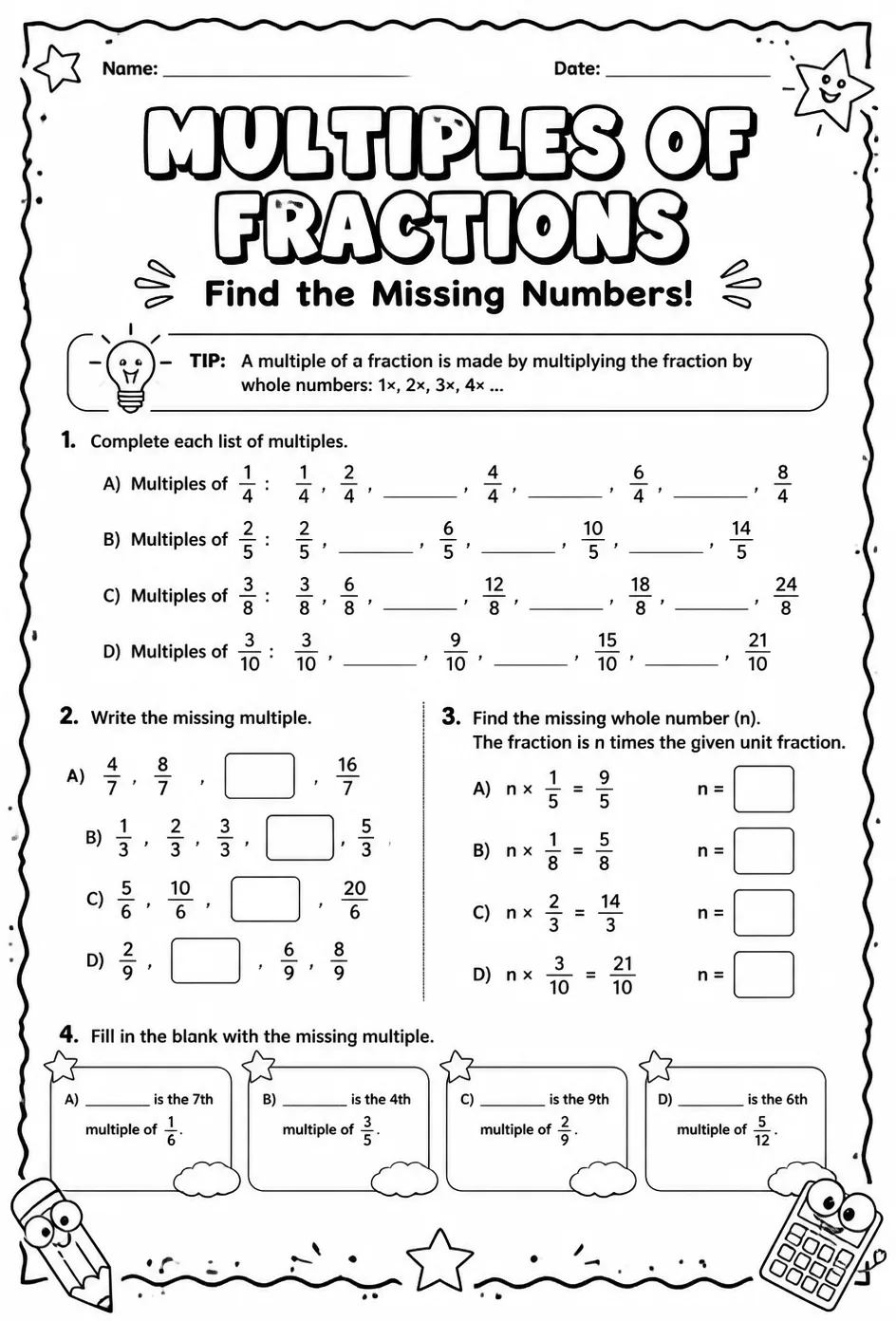Multiples of fractions: find the missing numbers — free printable Grade 5 math worksheet