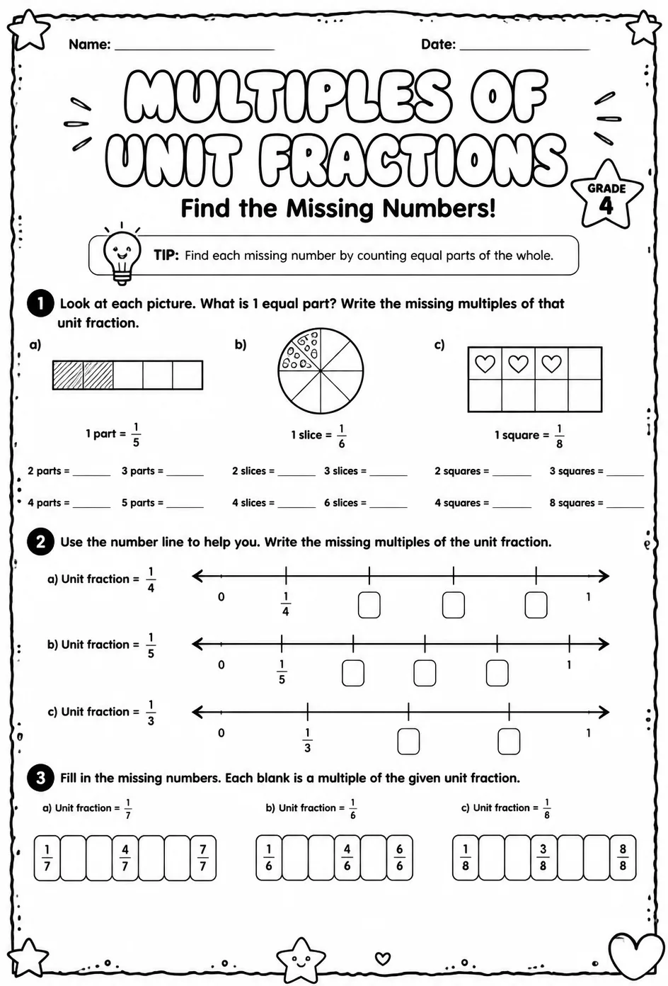 Multiples of unit fractions: find the missing numbers — free printable Grade 4 math worksheet