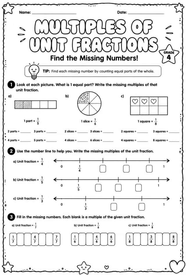 Multiples of unit fractions: find the missing numbers
