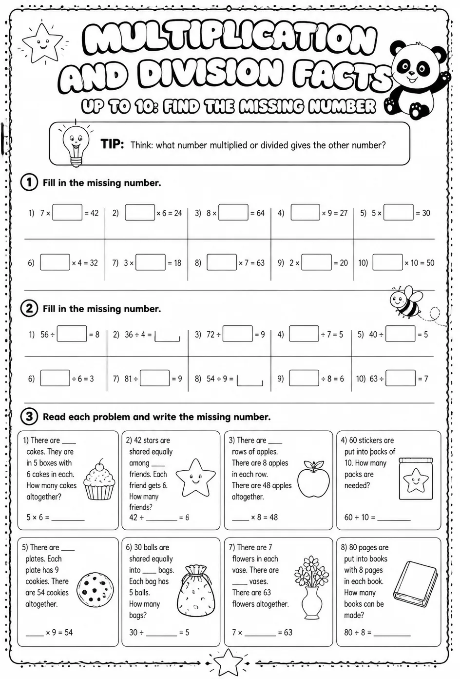Multiplication and division facts up to 10: find the missing number — free printable Grade 3 math worksheet
