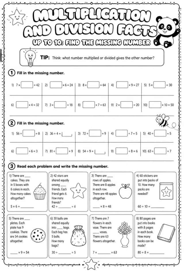 Multiplication and division facts up to 10: find the missing number