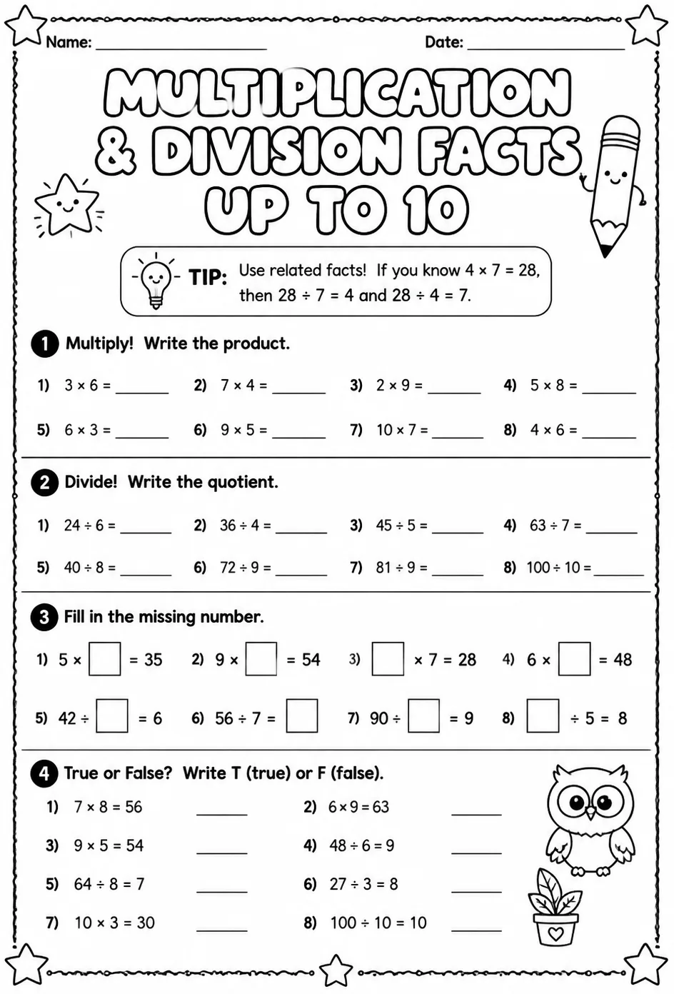 Multiplication and division facts up to 10 — free printable Grade 3 math worksheet
