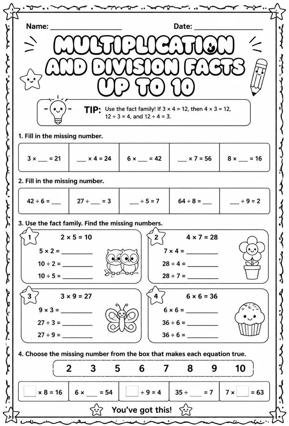 Multiplication and division facts up to 10: select the missing numbers — free printable Grade 3 math worksheet