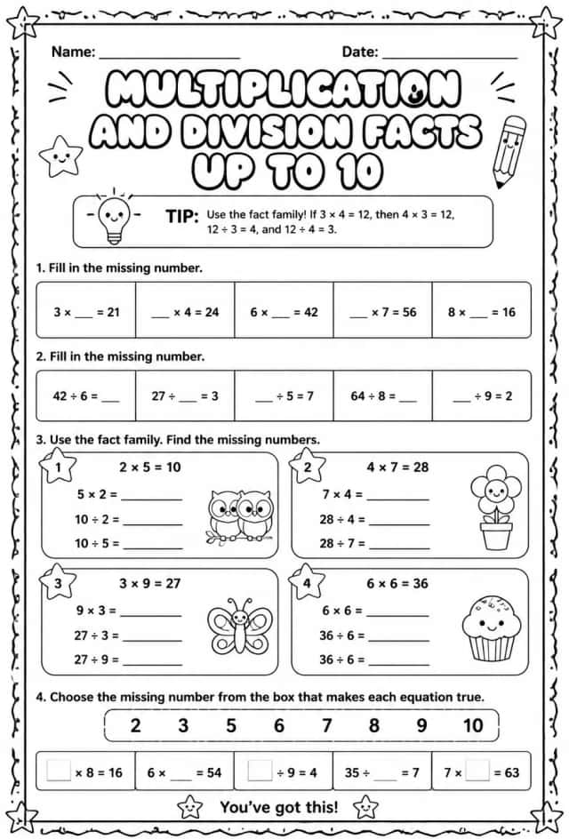 Multiplication and division facts up to 10: select the missing numbers