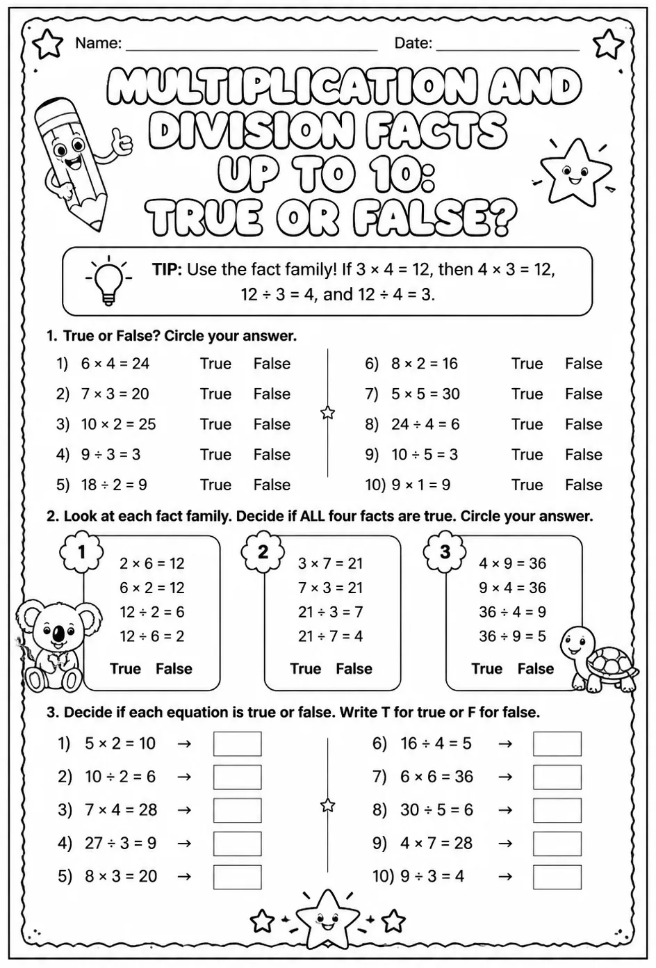 Multiplication and division facts up to 10: true or false? — free printable Grade 3 math worksheet