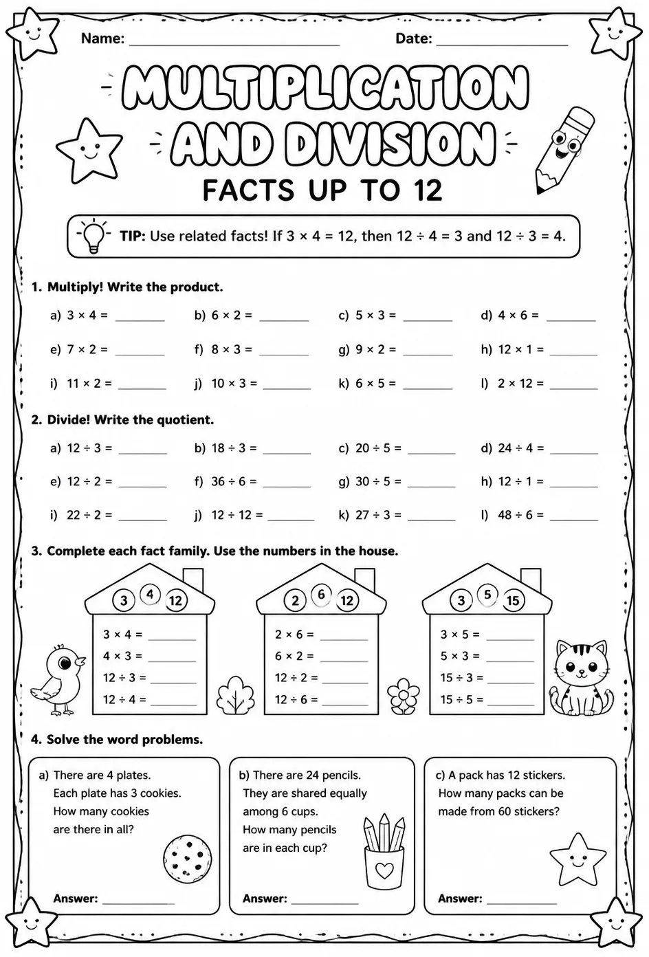 Multiplication and division facts up to 12 — free printable Grade 3 math worksheet