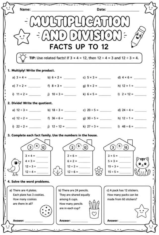 Multiplication and division facts up to 12