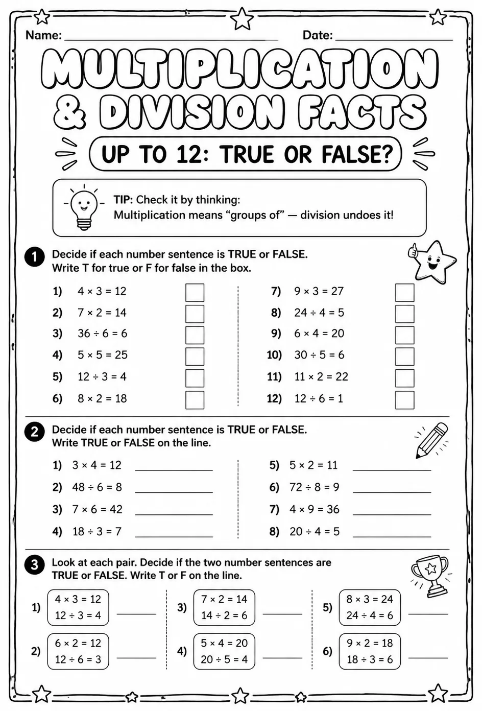 Multiplication and division facts up to 12: true or false? — free printable Grade 3 math worksheet