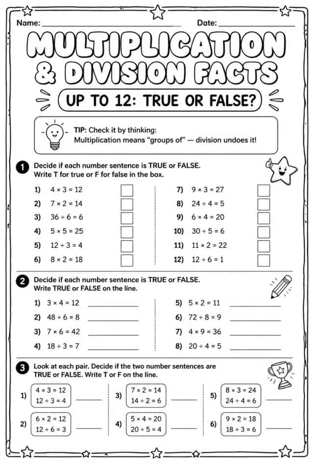 Multiplication and division facts up to 12: true or false?