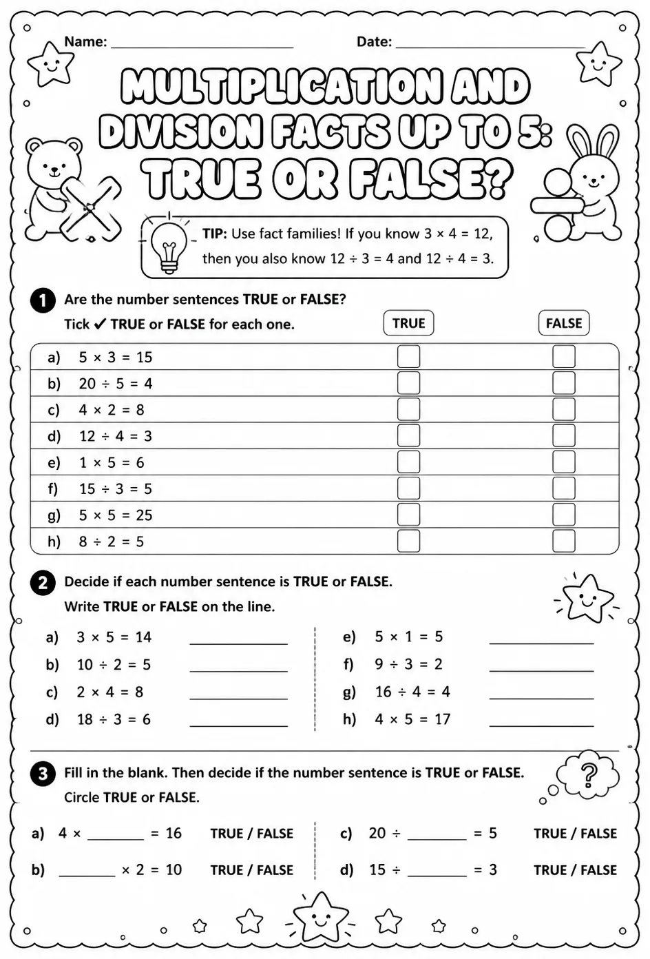 Multiplication and division facts up to 5: true or false? — free printable Grade 3 math worksheet