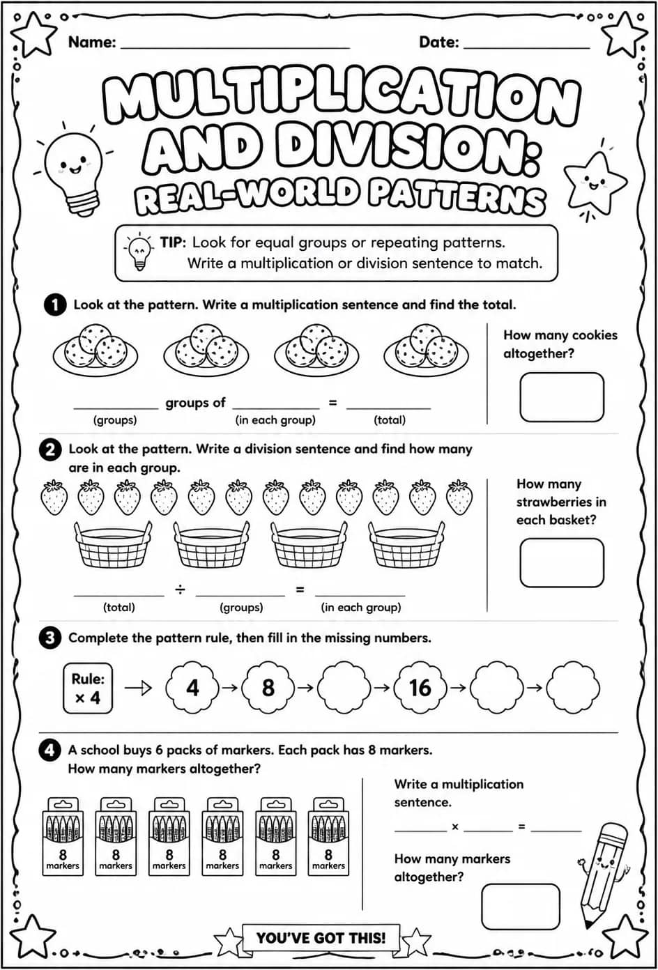 Multiplication and division: real-world patterns — free printable Grade 3 math worksheet