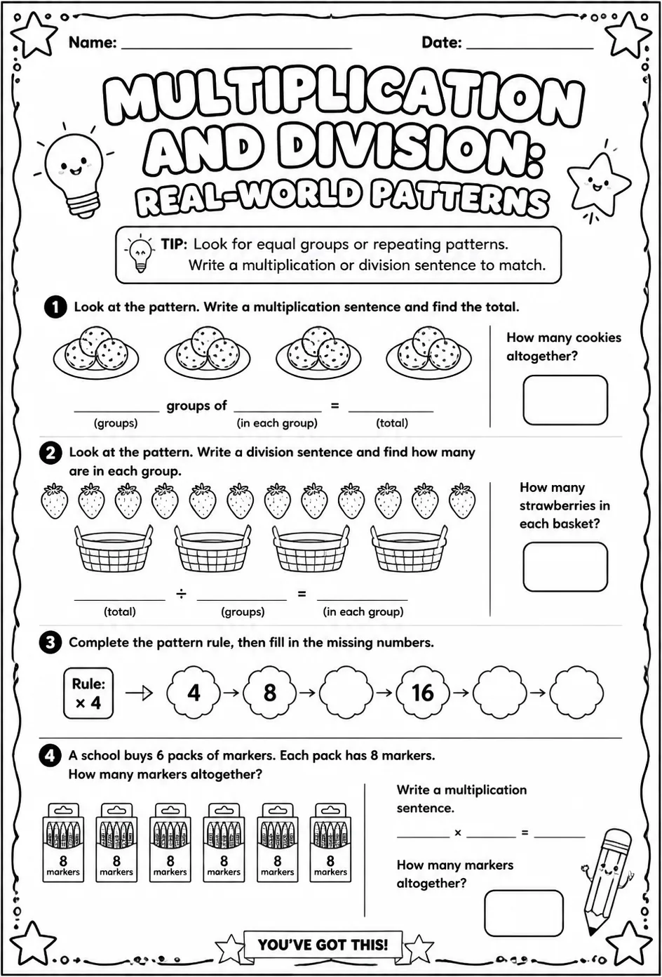 Multiplication and division: real-world patterns — free printable Grade 3 math worksheet