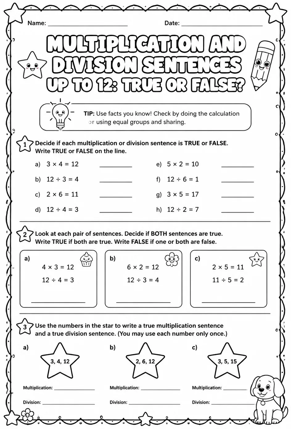Multiplication and division sentences up to 12: true or false? — free printable Grade 3 math worksheet