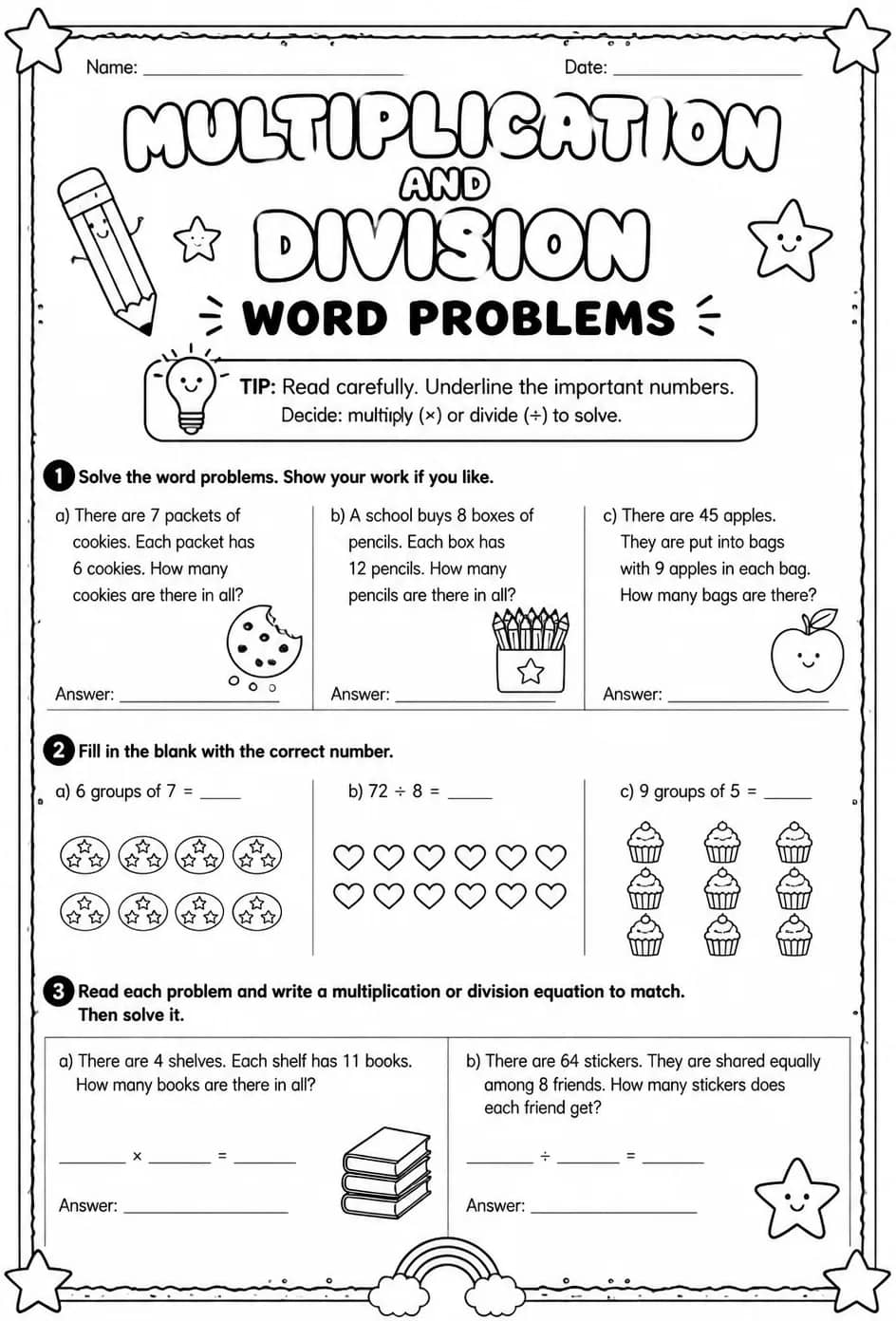Multiplication and division word problems — free printable Grade 3 math worksheet