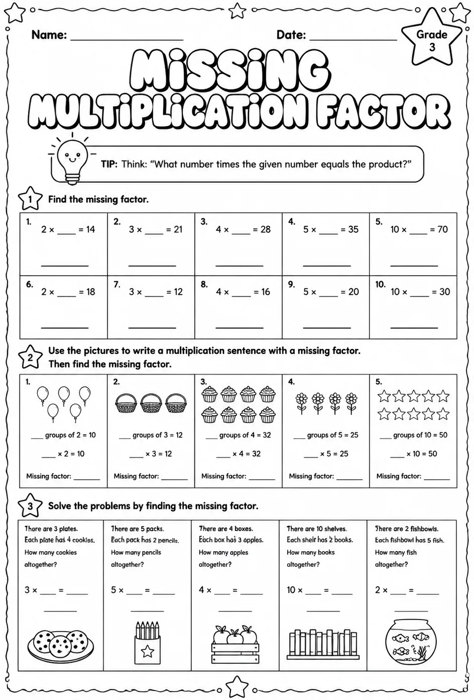 Multiplication facts for 2, 3, 4, 5, and 10: find the missing factor — free printable Grade 3 math worksheet