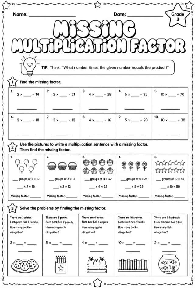 Multiplication facts for 2, 3, 4, 5, and 10: find the missing factor