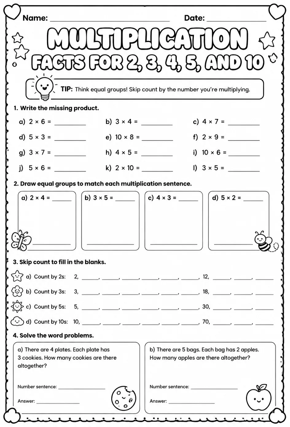 Multiplication facts for 2, 3, 4, 5, and 10 — free printable Grade 3 math worksheet
