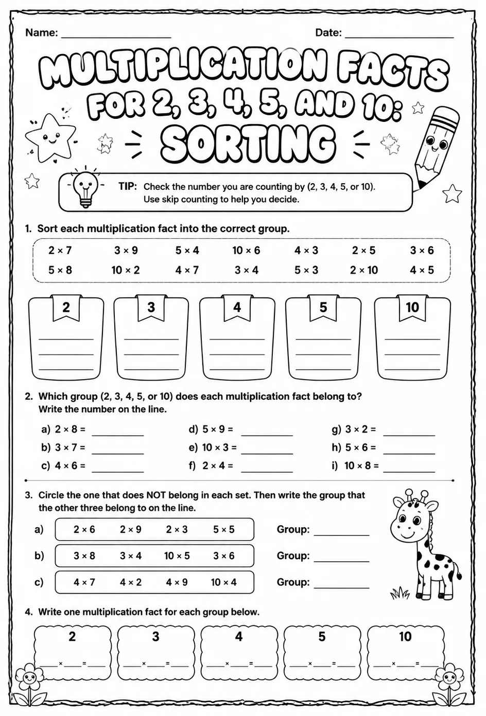 Multiplication facts for 2, 3, 4, 5, and 10: sorting — free printable Grade 3 math worksheet