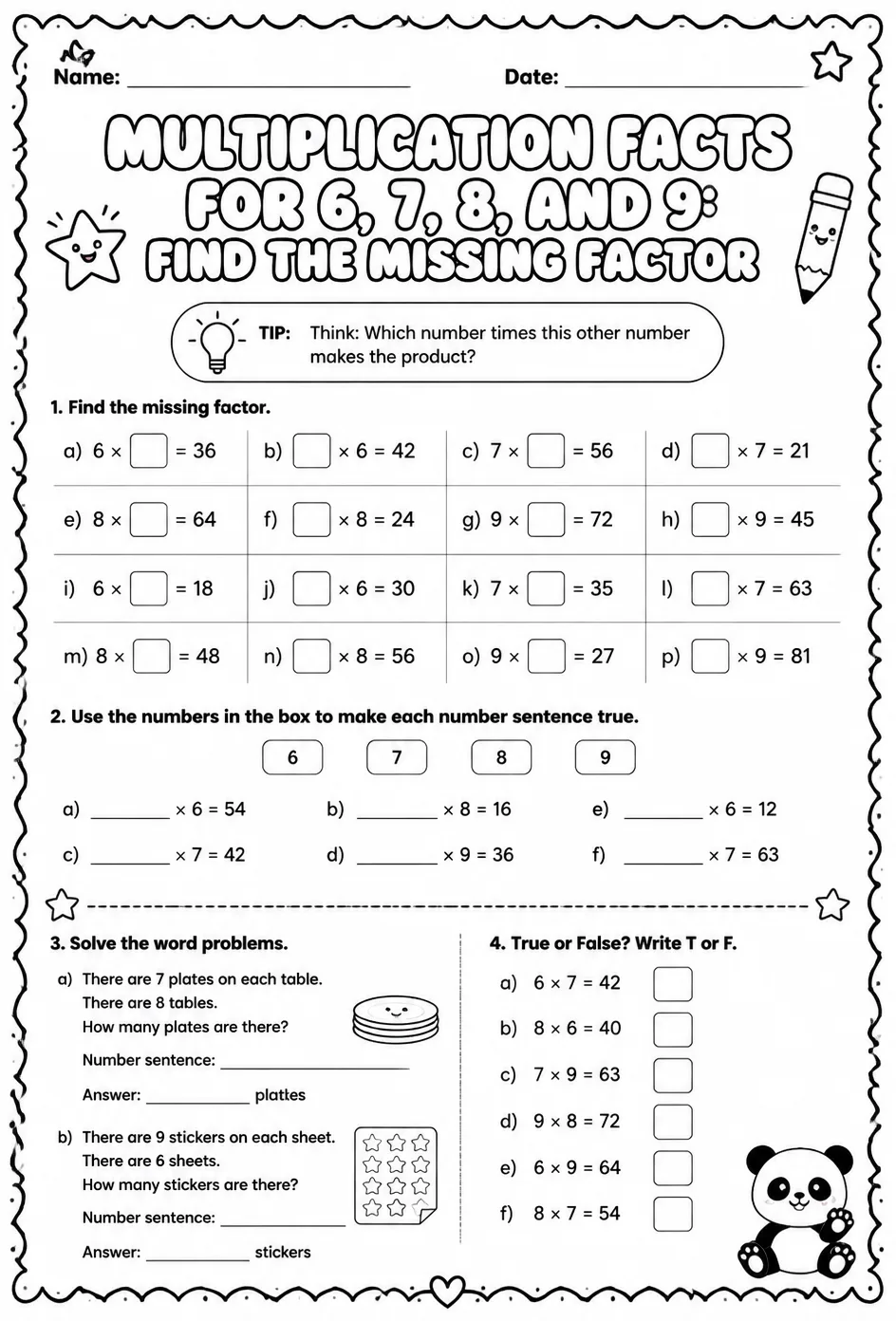 Multiplication facts for 6, 7, 8, and 9: find the missing factor — free printable Grade 3 math worksheet