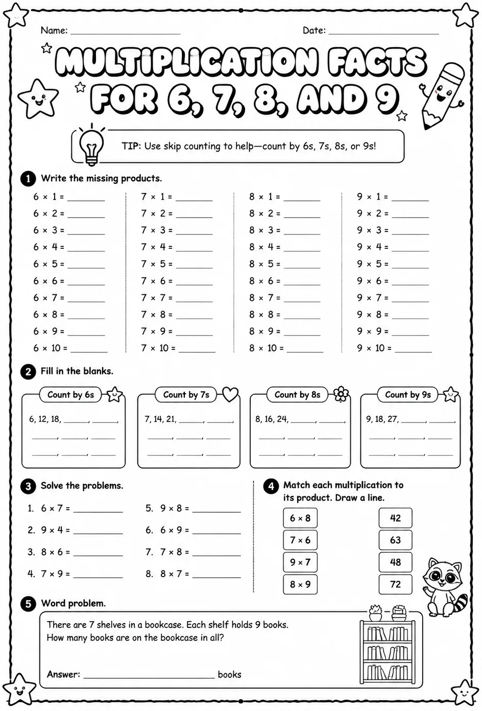 Multiplication facts for 6, 7, 8, and 9 — free printable Grade 3 math worksheet