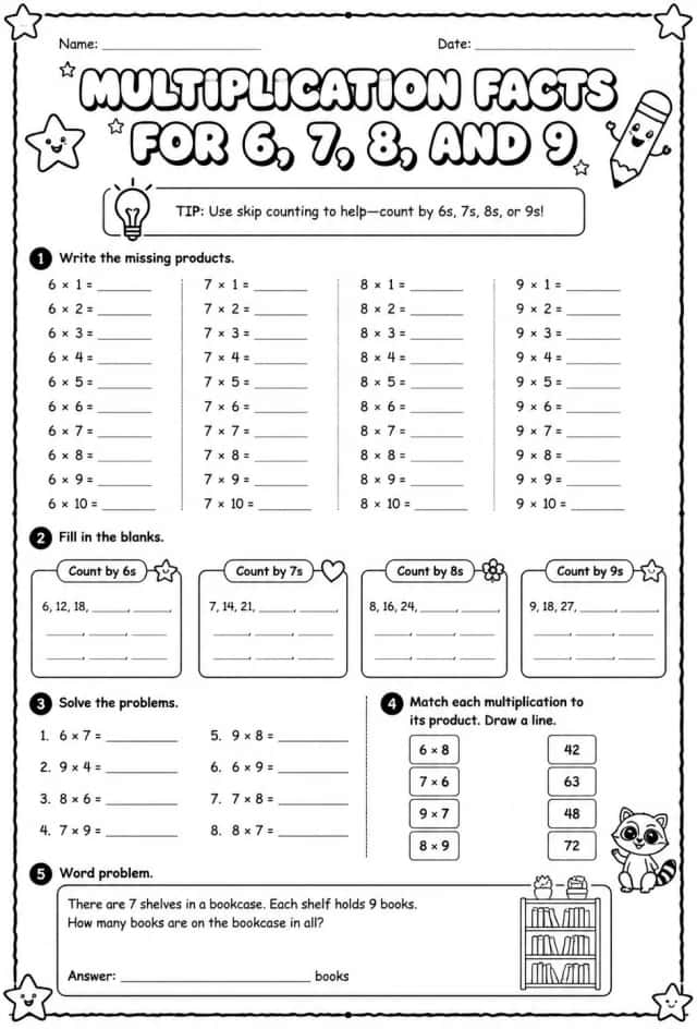 Multiplication facts for 6, 7, 8, and 9