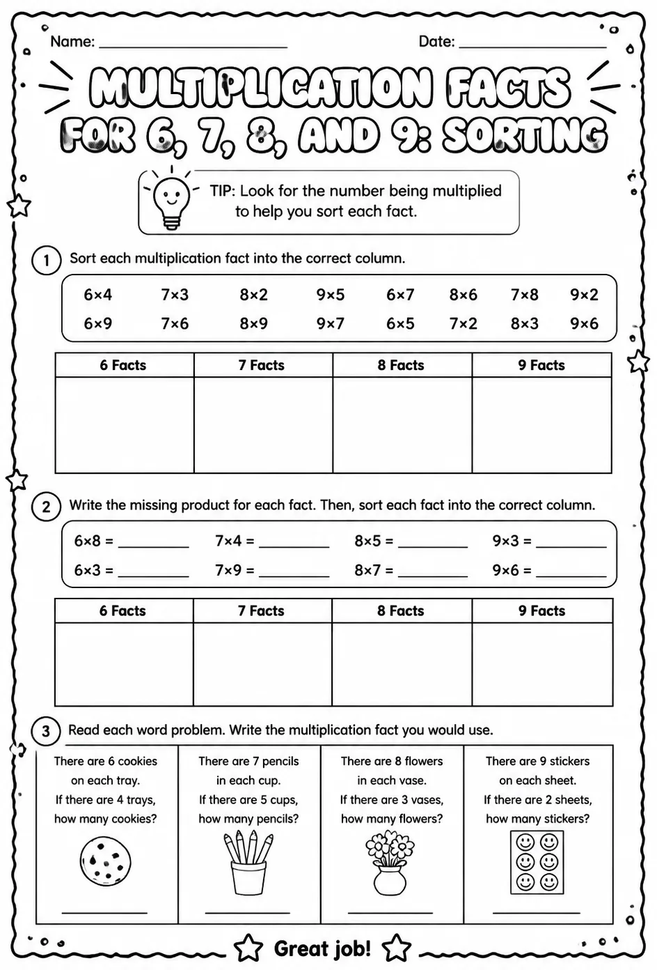 Multiplication facts for 6, 7, 8, and 9: sorting — free printable Grade 3 math worksheet