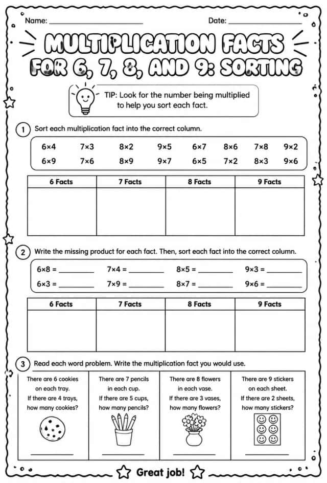 Multiplication facts for 6, 7, 8, and 9: sorting
