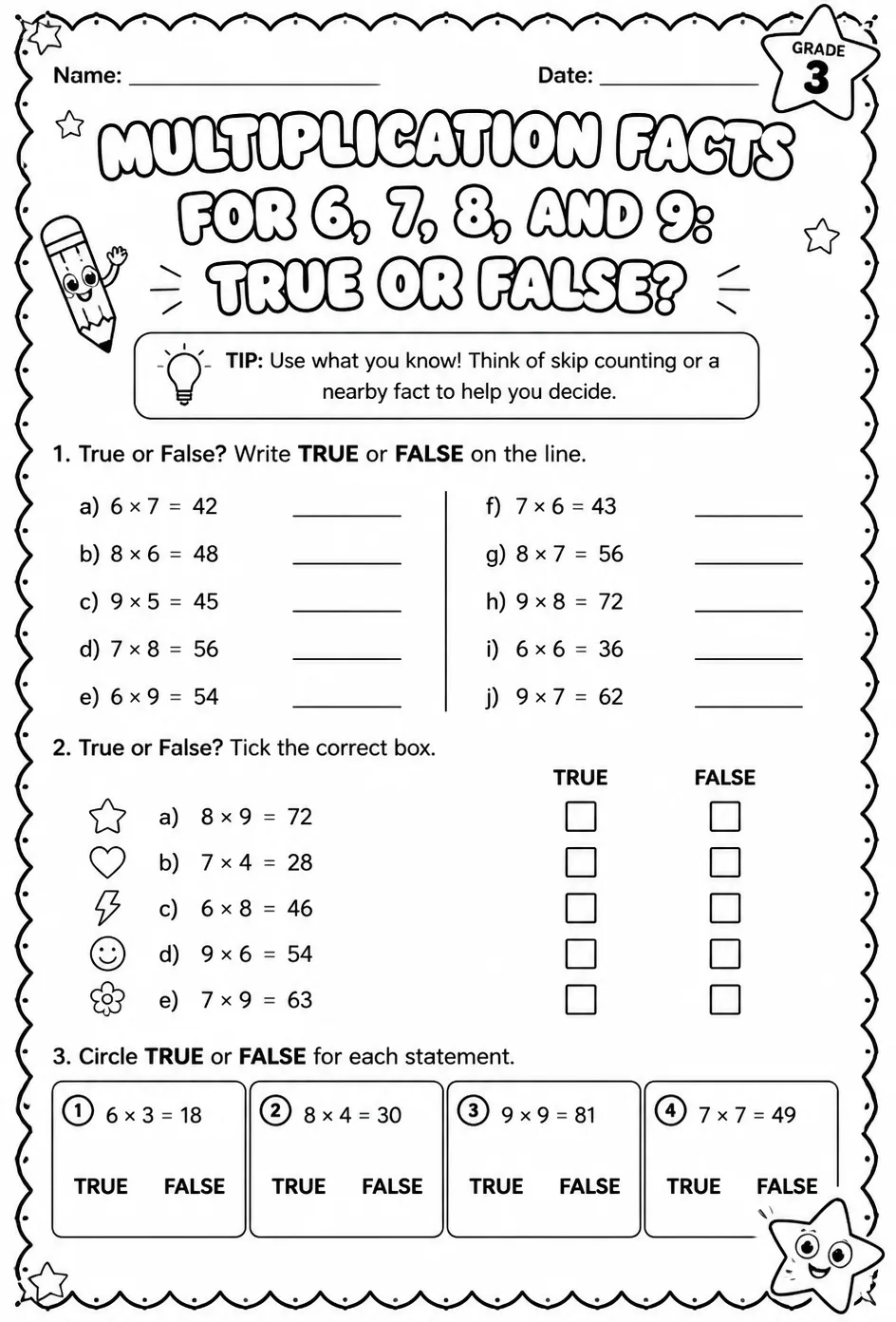 Multiplication facts for 6, 7, 8, and 9: true or false? — free printable Grade 3 math worksheet