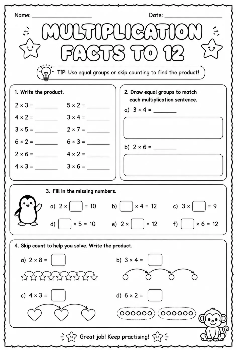 Multiplication facts to 12 — free printable Grade 3 math worksheet