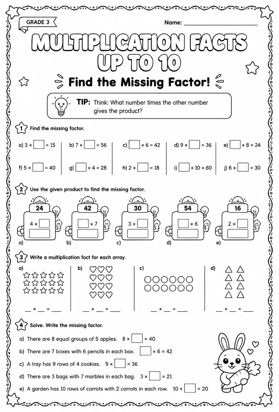 Multiplication facts up to 10: find the missing factor — free printable Grade 3 math worksheet