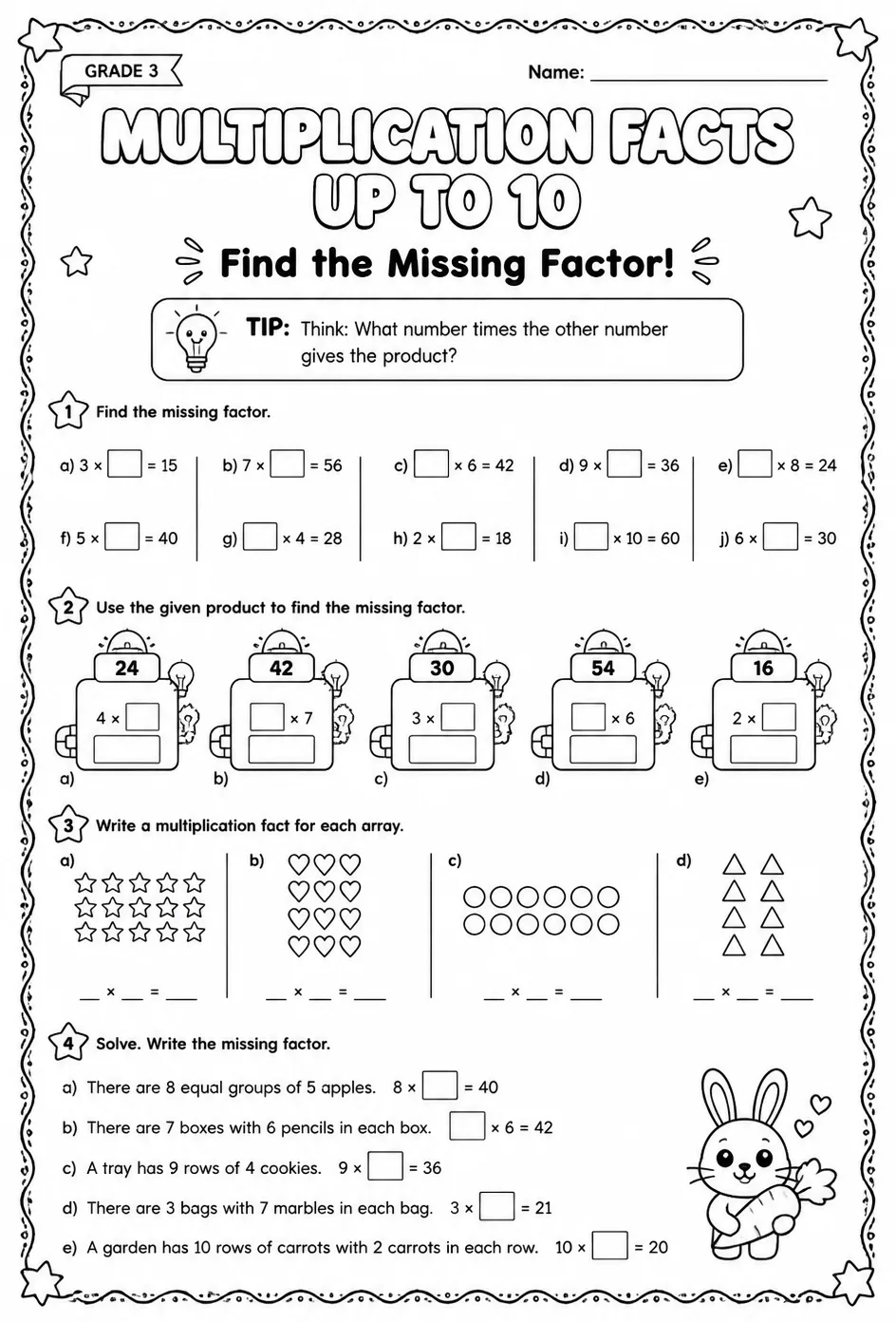 Multiplication facts up to 10: find the missing factor — free printable Grade 3 math worksheet