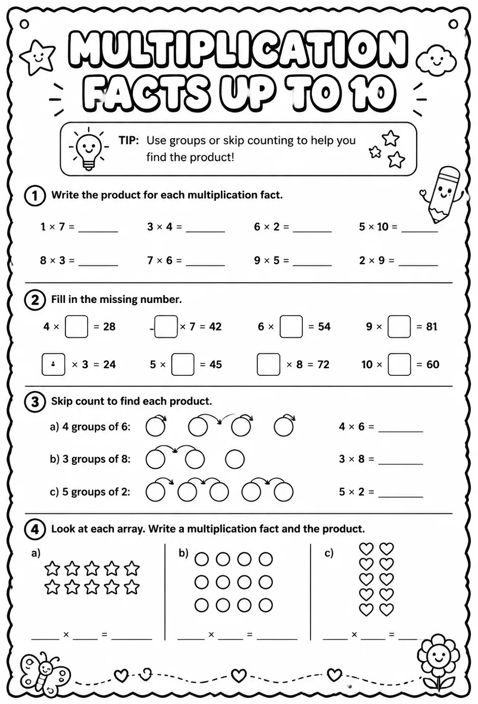 Multiplication facts up to 10 — free printable Grade 3 math worksheet