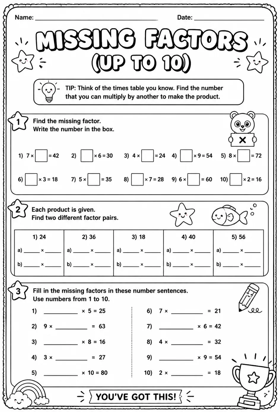 Multiplication facts up to 10: select the missing factors — free printable Grade 3 math worksheet