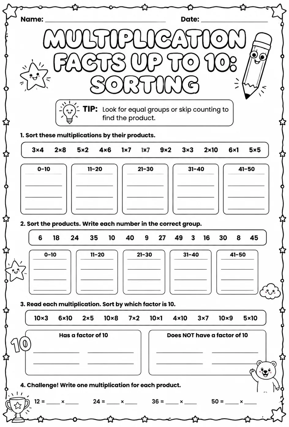 Multiplication facts up to 10: sorting — free printable Grade 3 math worksheet