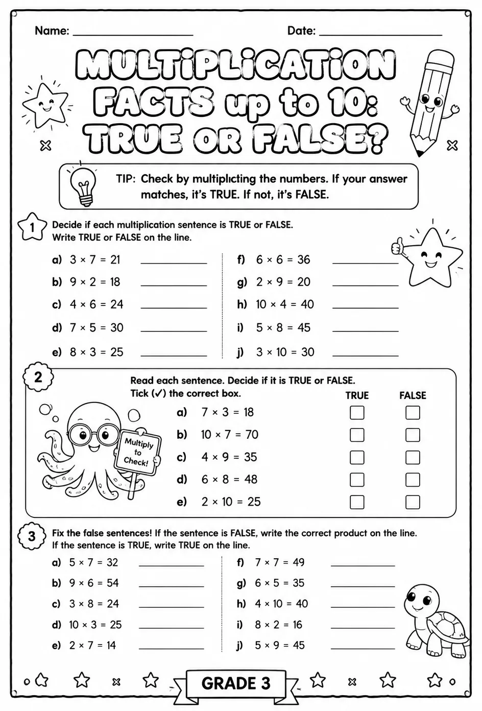 Multiplication facts up to 10: true or false? — free printable Grade 3 math worksheet