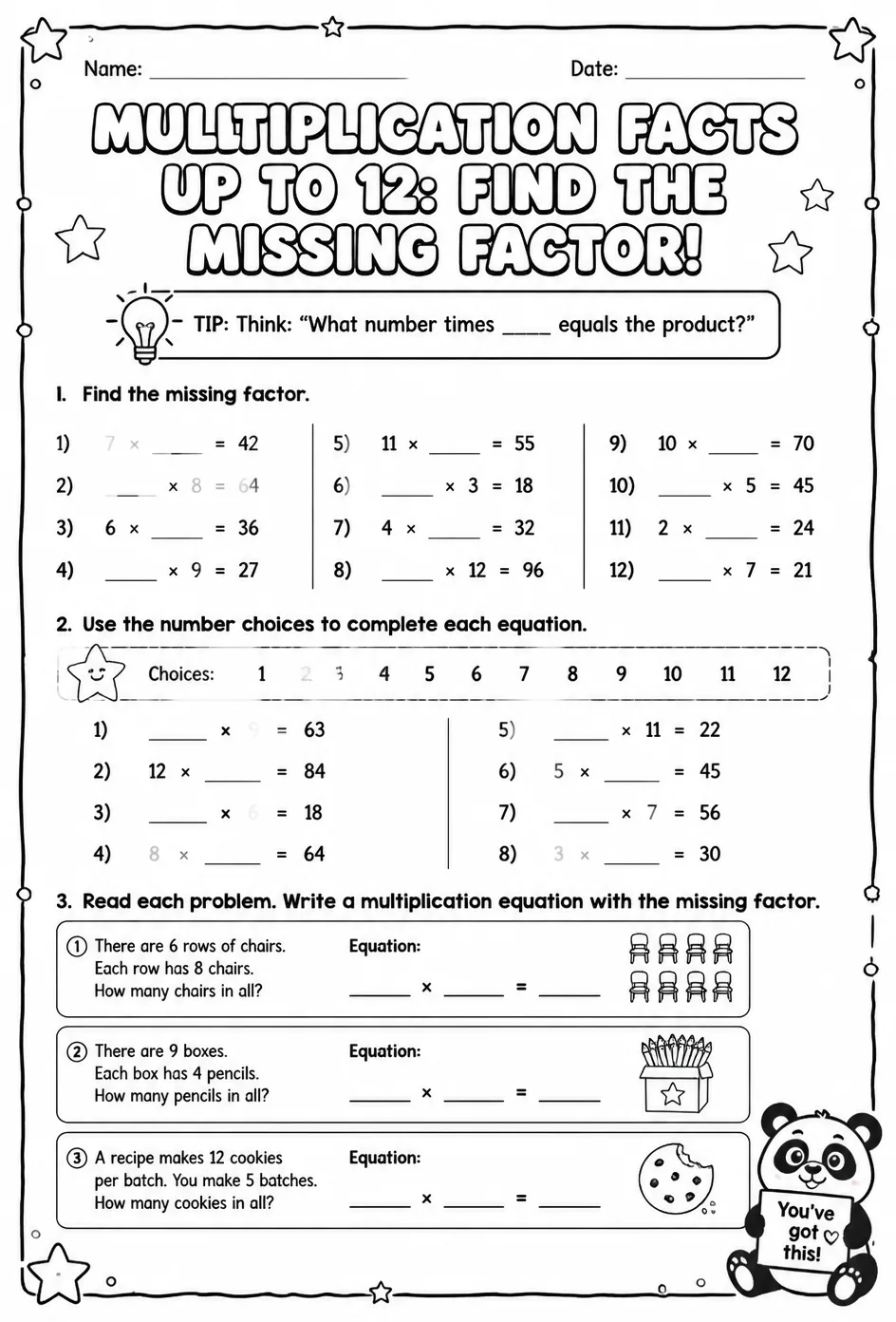 Multiplication facts up to 12: find the missing factor — free printable Grade 3 math worksheet
