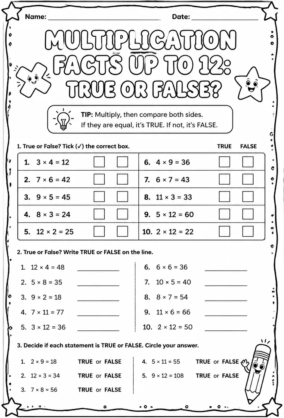 Multiplication facts up to 12: true or false? — free printable Grade 3 math worksheet
