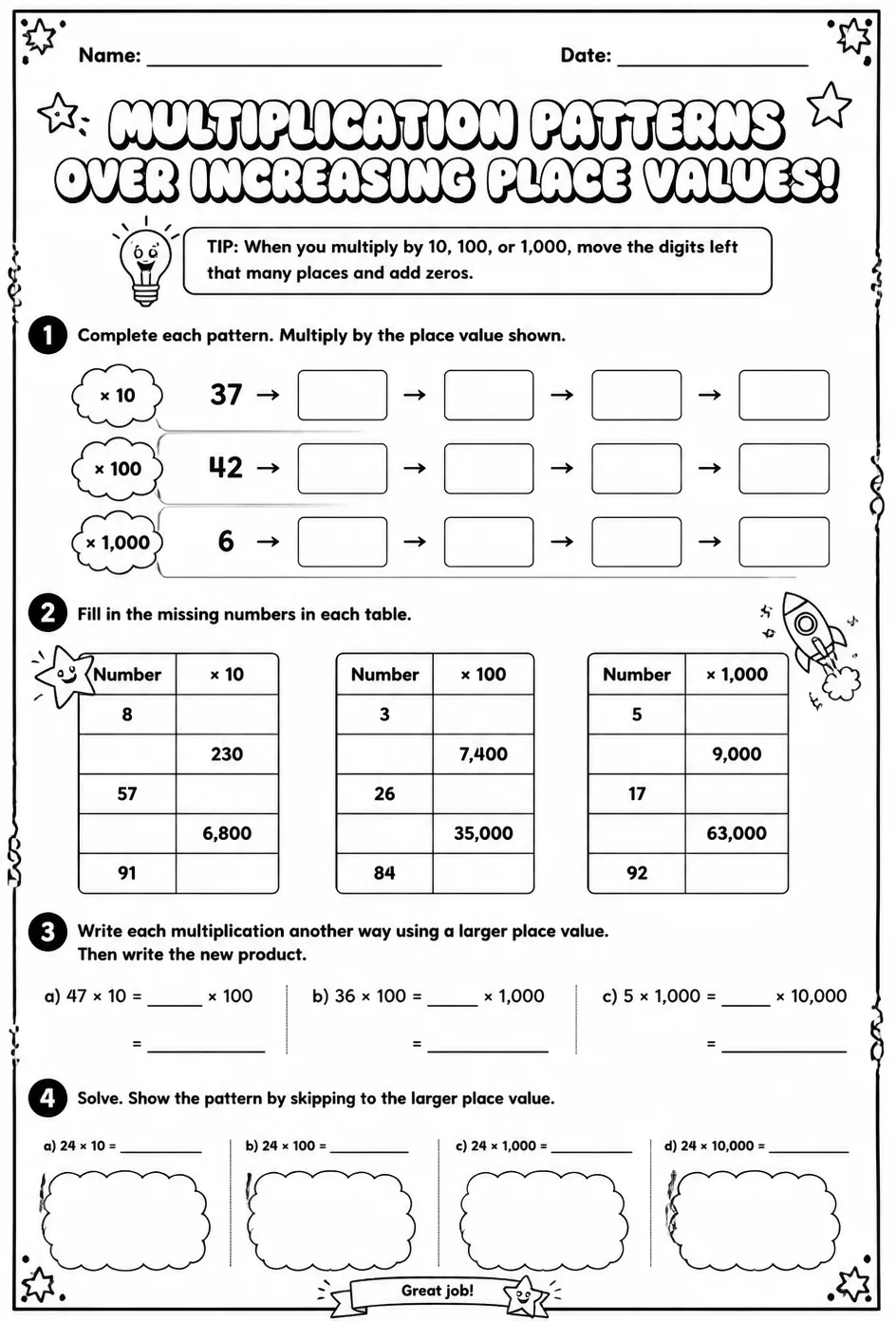 Multiplication patterns over increasing place values — free printable Grade 5 math worksheet