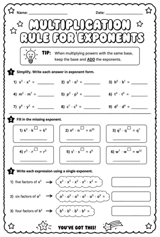 Multiplication rule for exponents