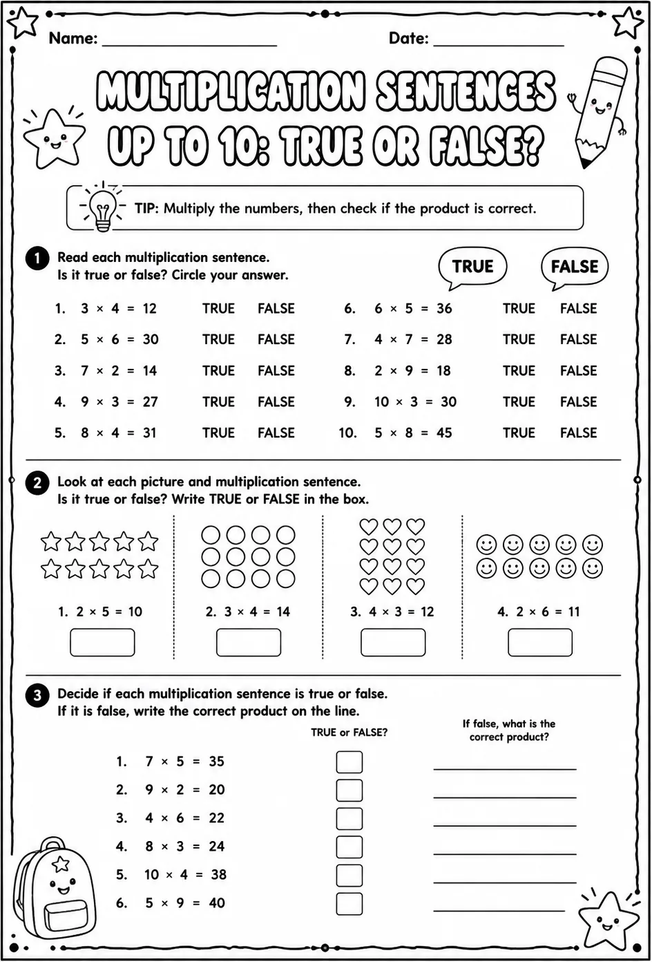 Multiplication sentences up to 10: true or false? — free printable Grade 3 math worksheet