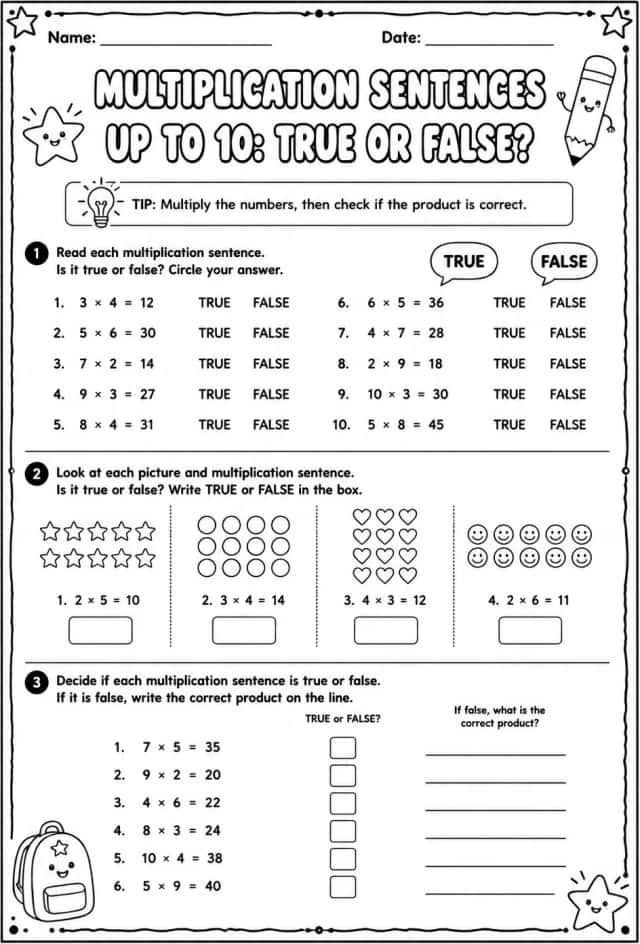 Multiplication sentences up to 10: true or false?