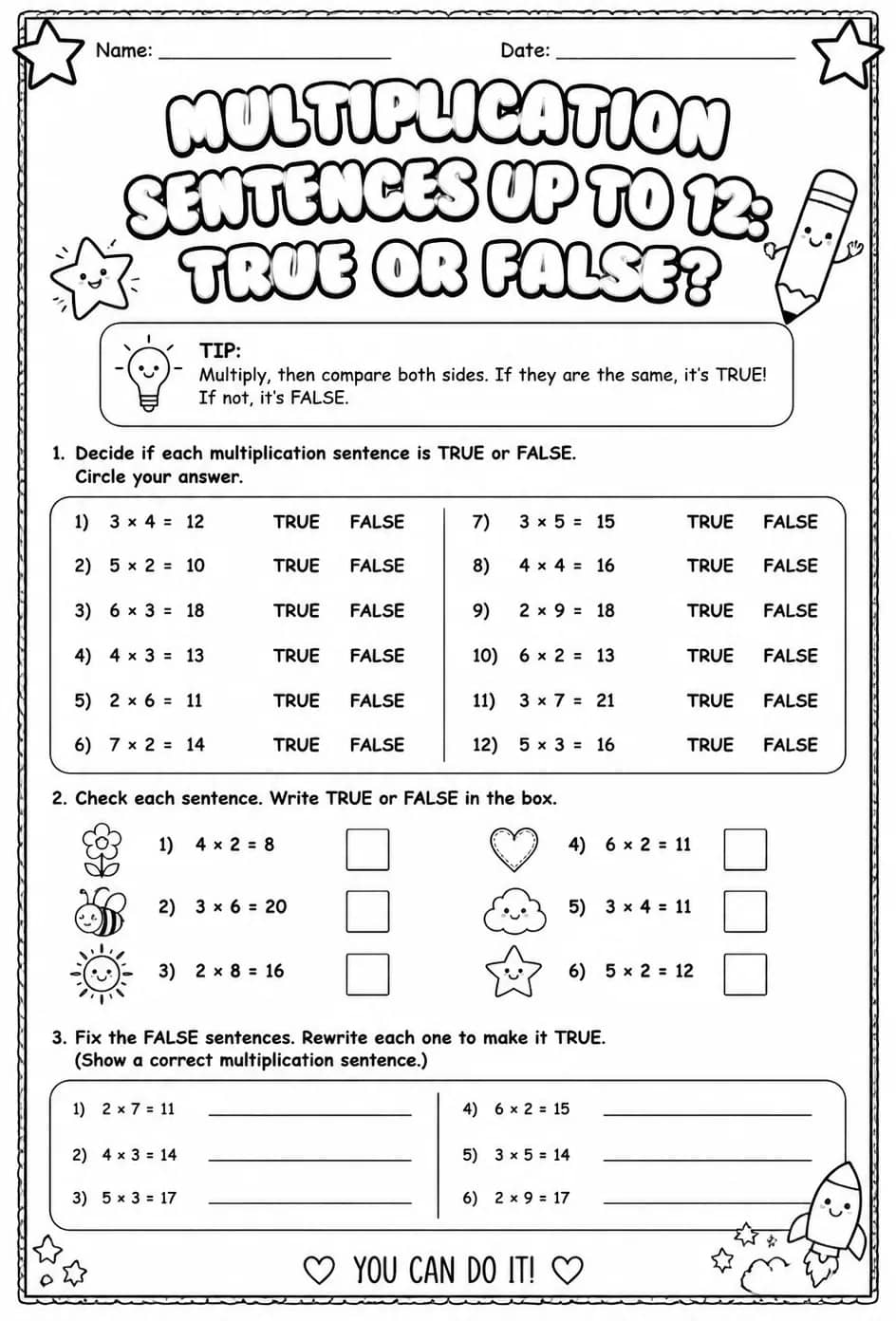Multiplication sentences up to 12: true or false? — free printable Grade 3 math worksheet