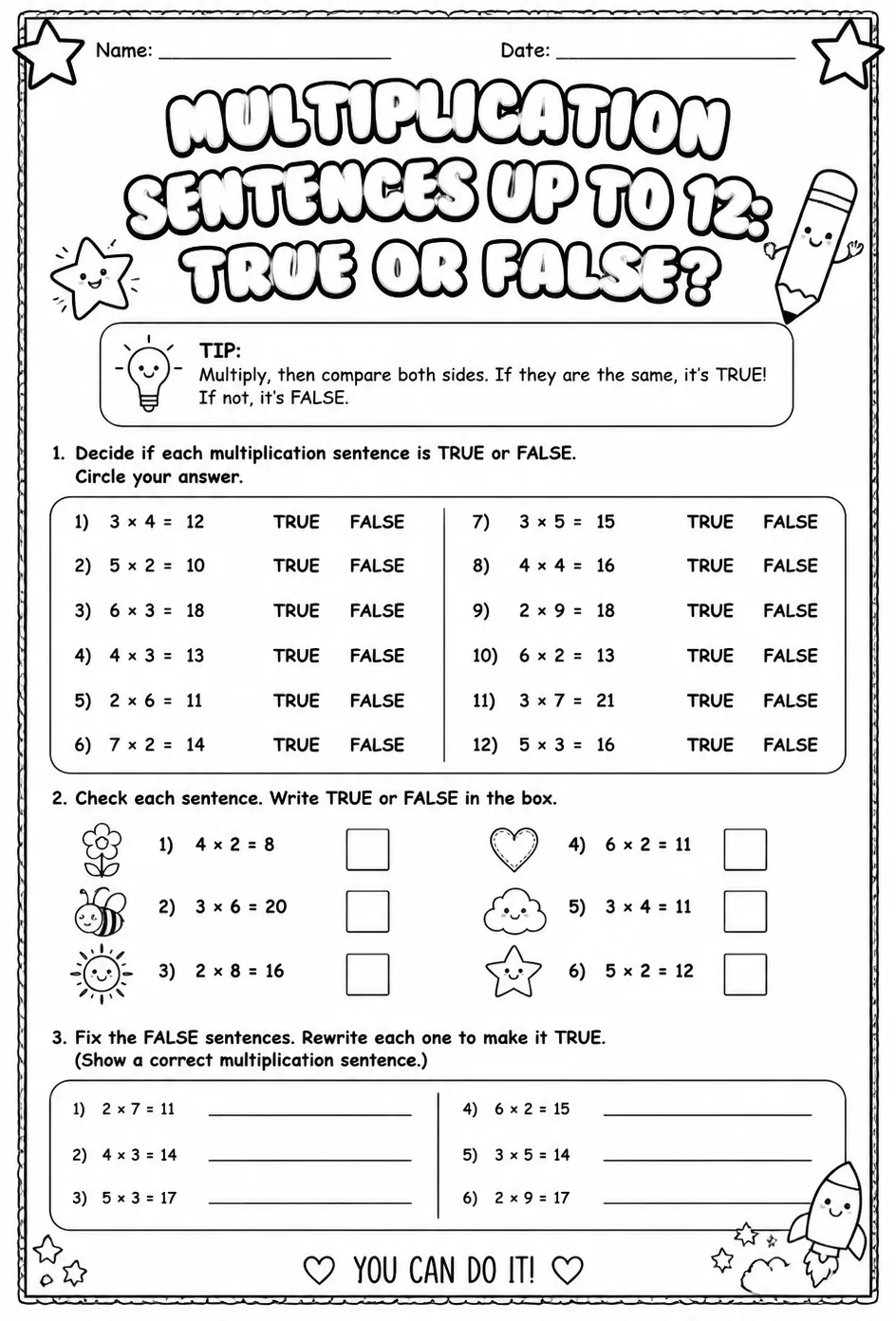 Multiplication sentences up to 12: true or false? — free printable Grade 3 math worksheet
