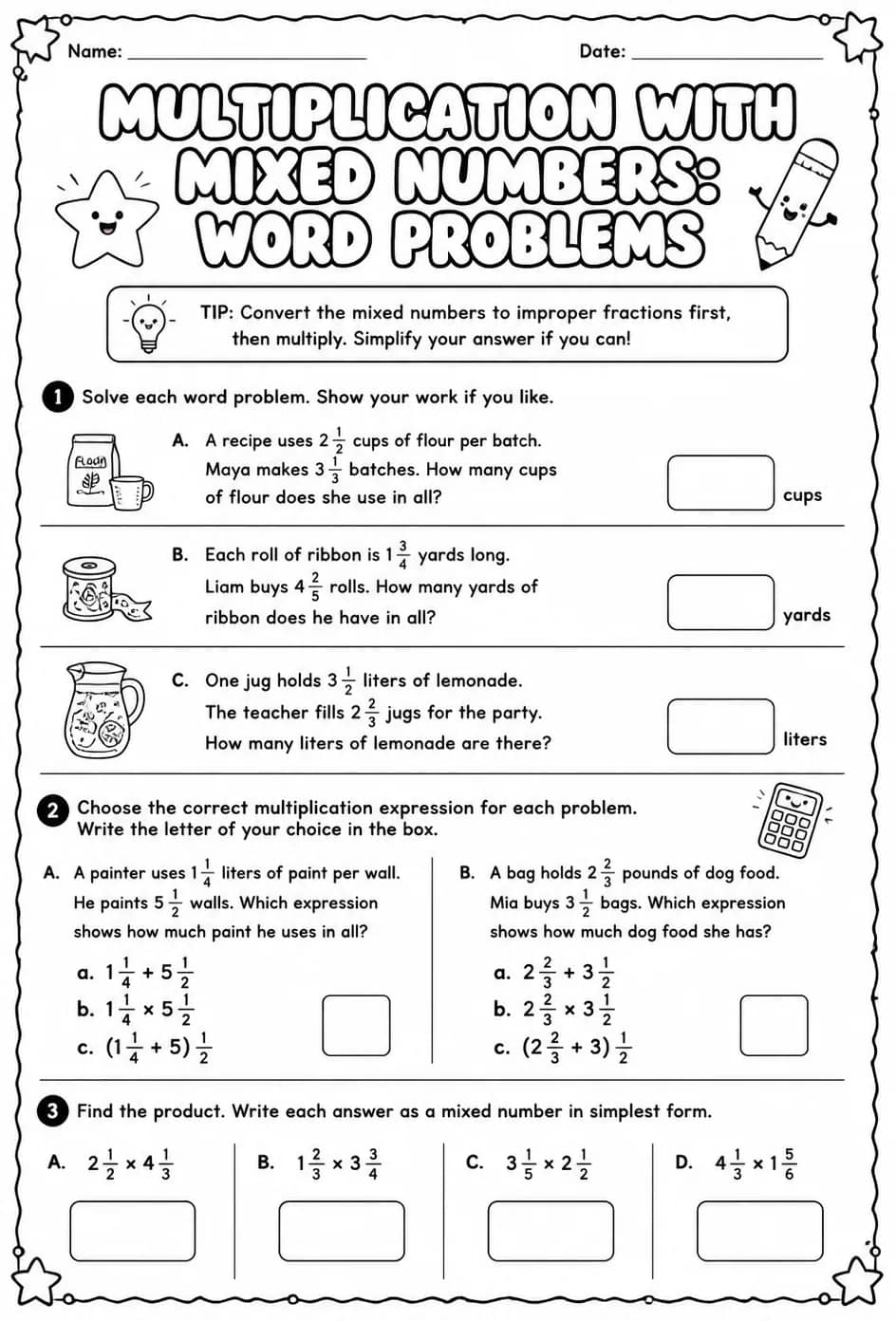 Multiplication with mixed numbers: word problems — free printable Grade 5 math worksheet