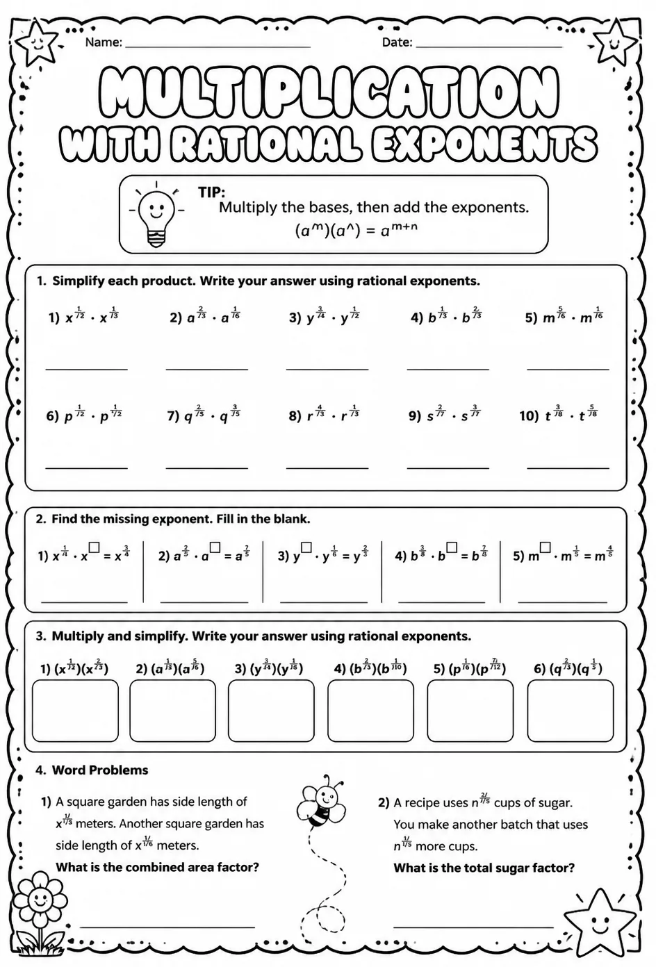 Multiplication with rational exponents — free printable Algebra 1 math worksheet