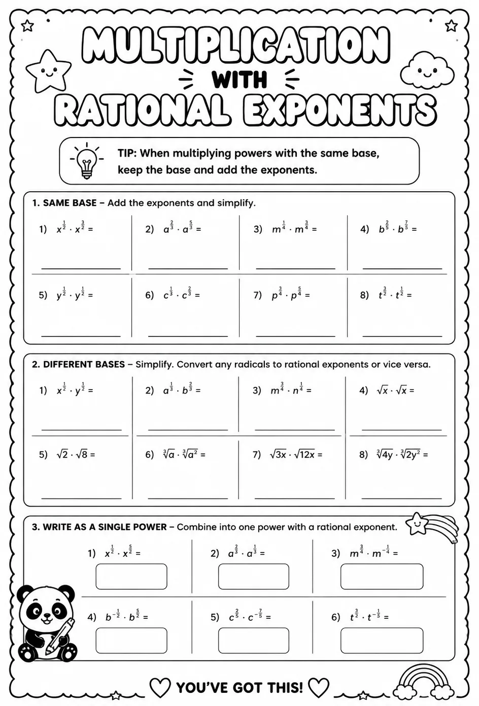 Multiplication with rational exponents — free printable Algebra 2 math worksheet