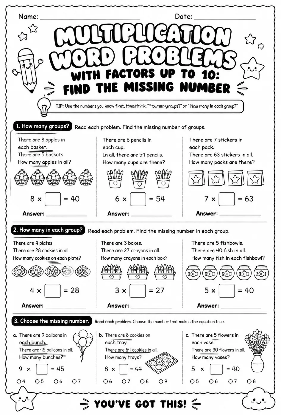 Multiplication word problems with factors up to 10: find the missing number — free printable Grade 3 math worksheet