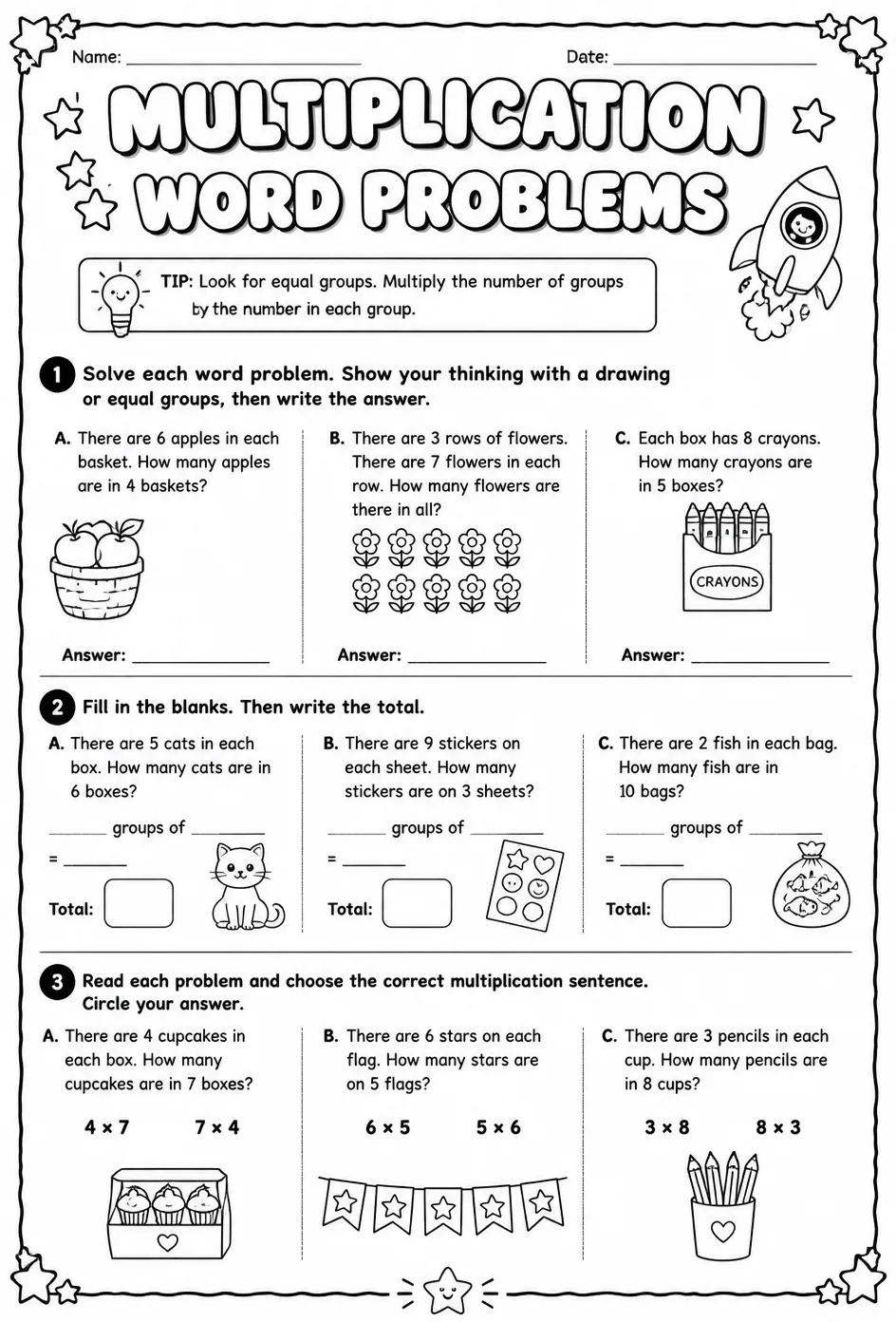 Multiplication word problems with factors up to 10 — free printable Grade 3 math worksheet